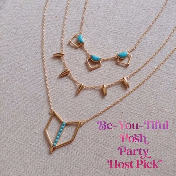 Stella & Dot Turquoise Gold Layering Necklace 16-20-18” Triple Strand - Picture 2 of 7